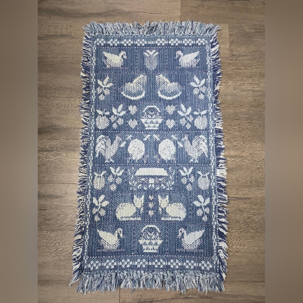 Blue White VTG Tapestry Reversible Country Farmhouse Decor Duck Rooster